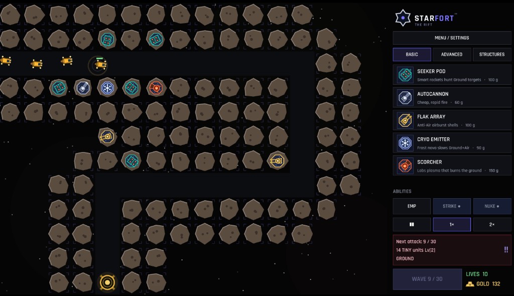 Starfort gameplay — tower defense grid